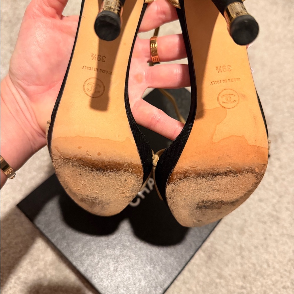 Chanel Gold and Black Ankle-Strap  Heel Sandals - Picture 5 of 5